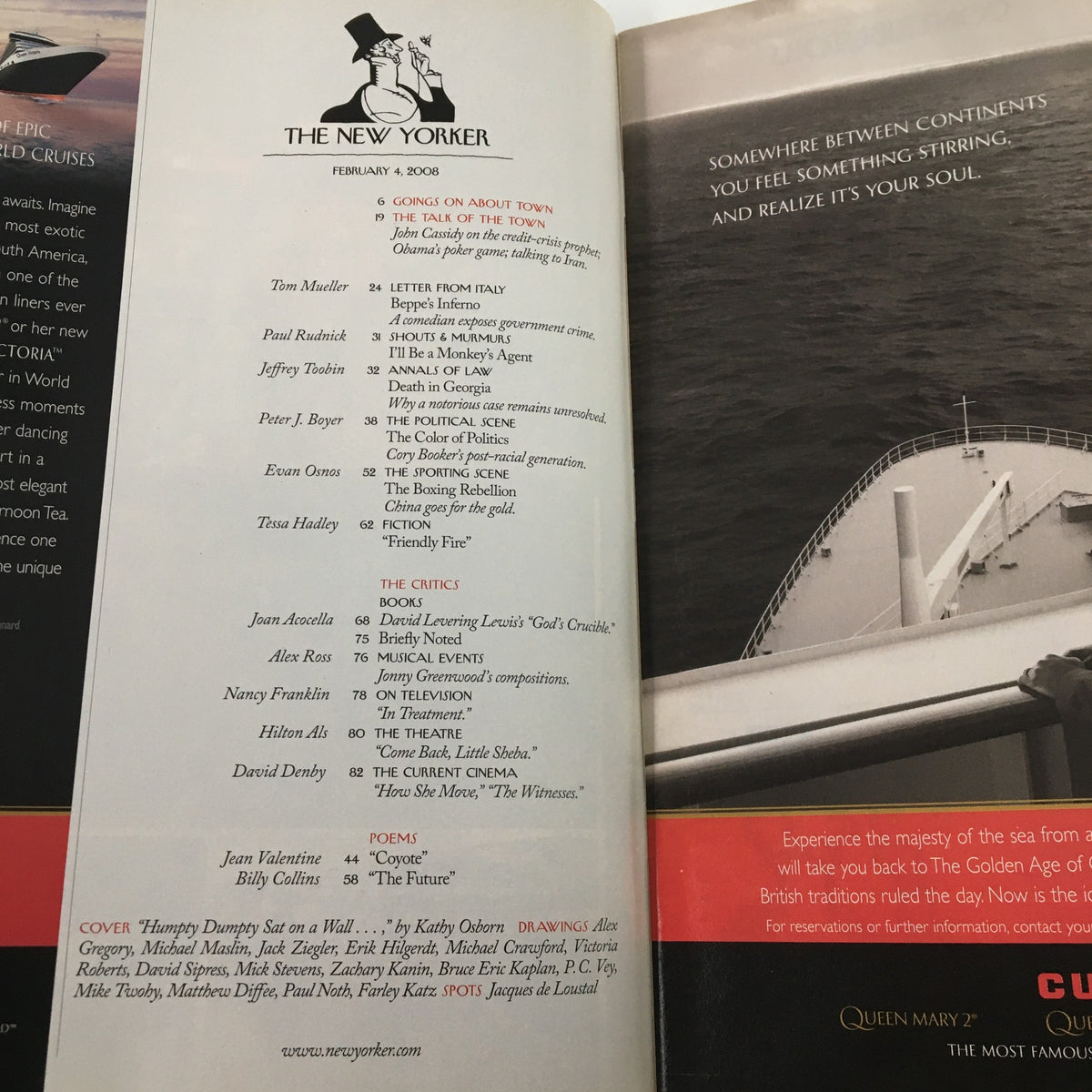 Interior page of The New Yorker Magazine, February 4, 2008, displaying the table of contents with articles and features from that issue.