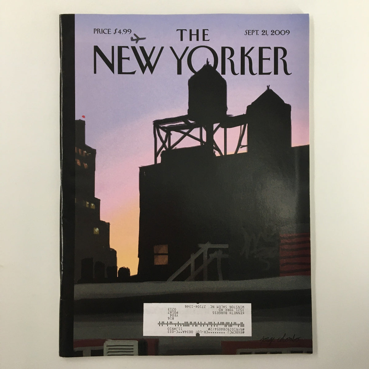 The New Yorker Full Magazine September 21, 2009, featuring a finger painting cover by Jorge Colombo, showcasing a cityscape silhouette against a twilight background.