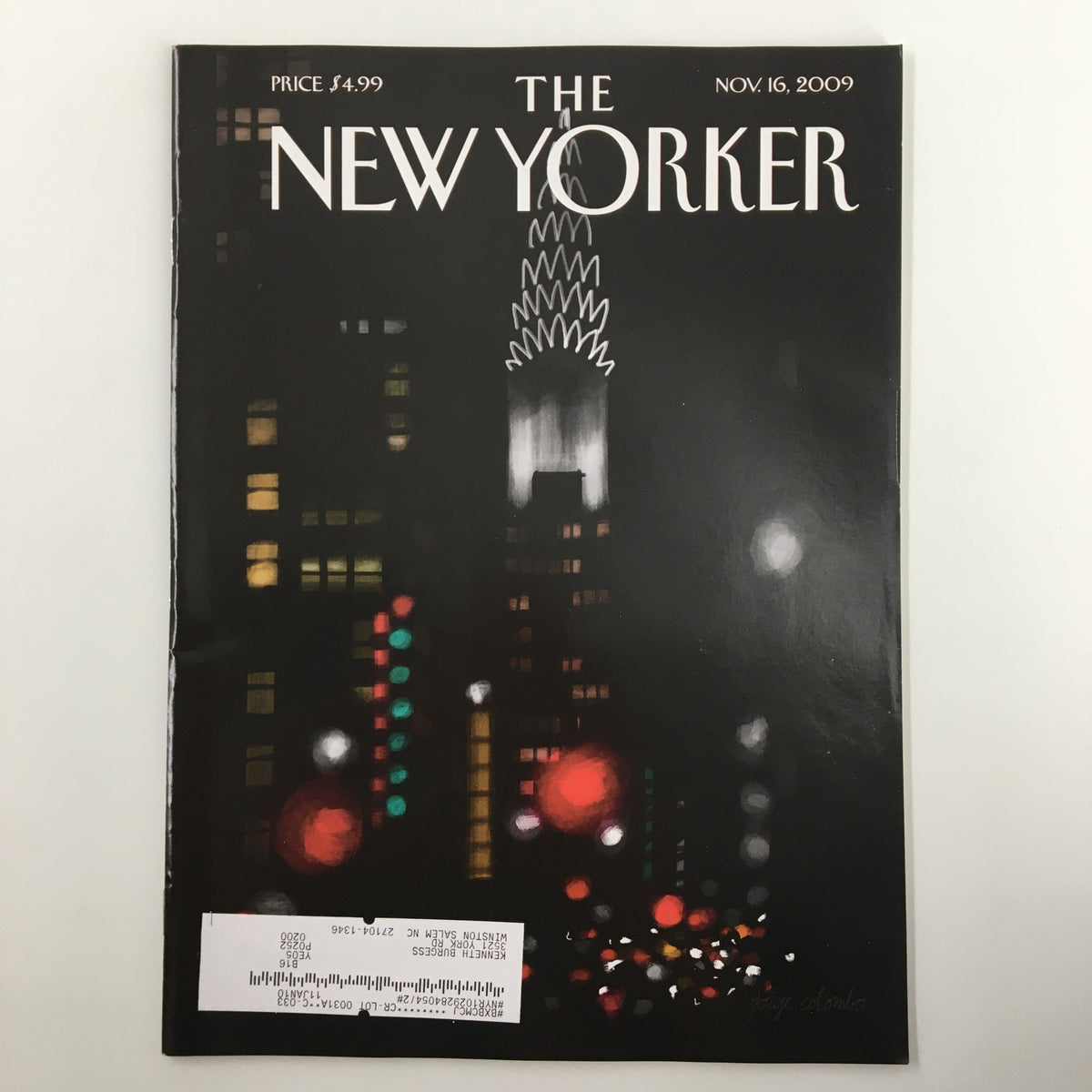 The New Yorker Full Magazine November 16 2009 featuring the cover art 'Night Lights' by Jorge Colombo, showcasing a nighttime cityscape with vibrant lights and the iconic architecture of the Chrysler Building.