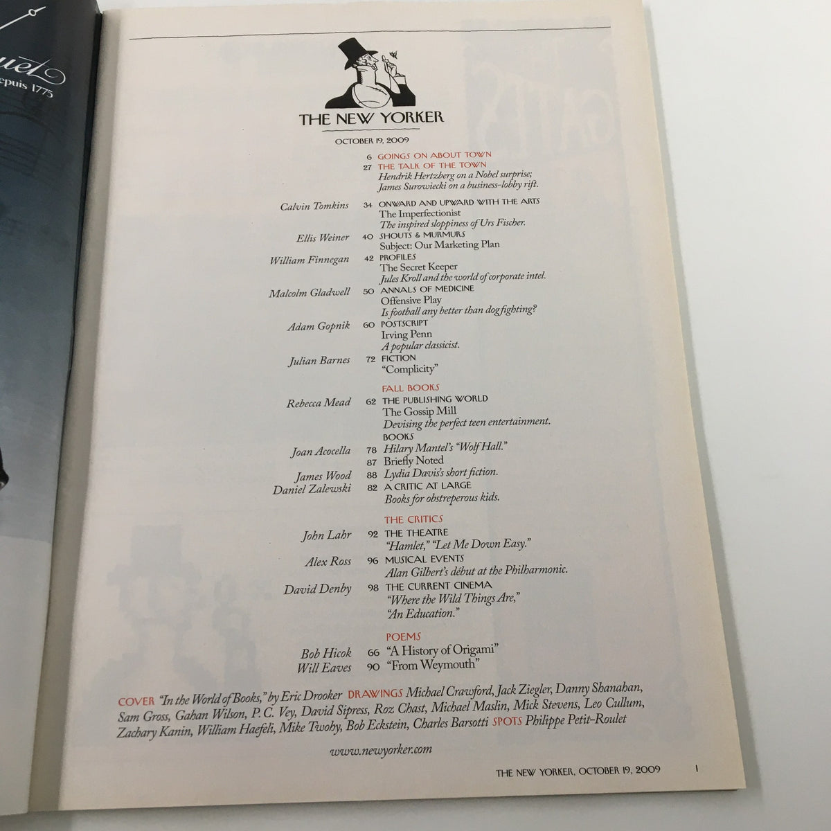 The New Yorker Full Magazine October 19 2009 page showing the table of contents, listing articles including 'In the World of Books' by E. Drooker.