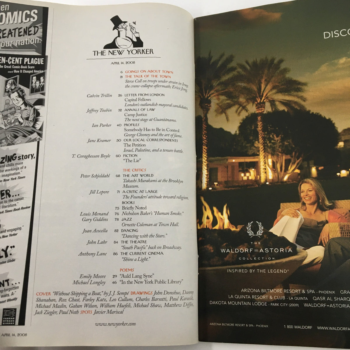 Interior page of The New Yorker magazine April 14, 2008, showcasing the table of contents and advertisements, emphasizing its vintage magazine appeal.