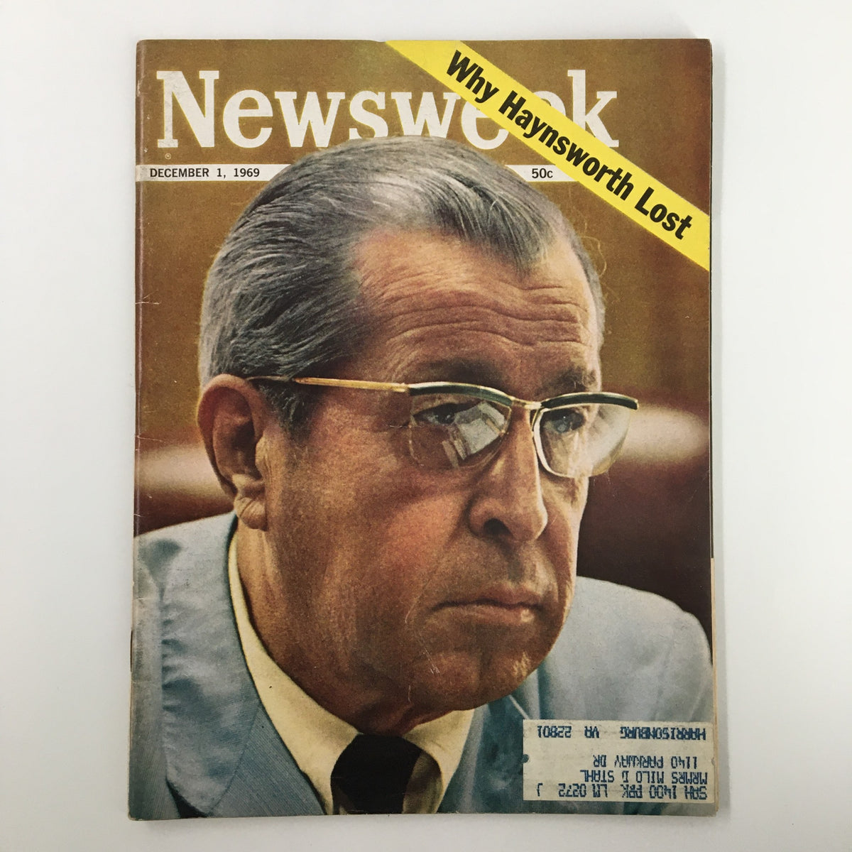 Newsweek Magazine cover from December 1, 1969, featuring the article 'Why Clement Haynsworth Lost', showcasing a close-up of a man in glasses, reflecting on a significant political moment.