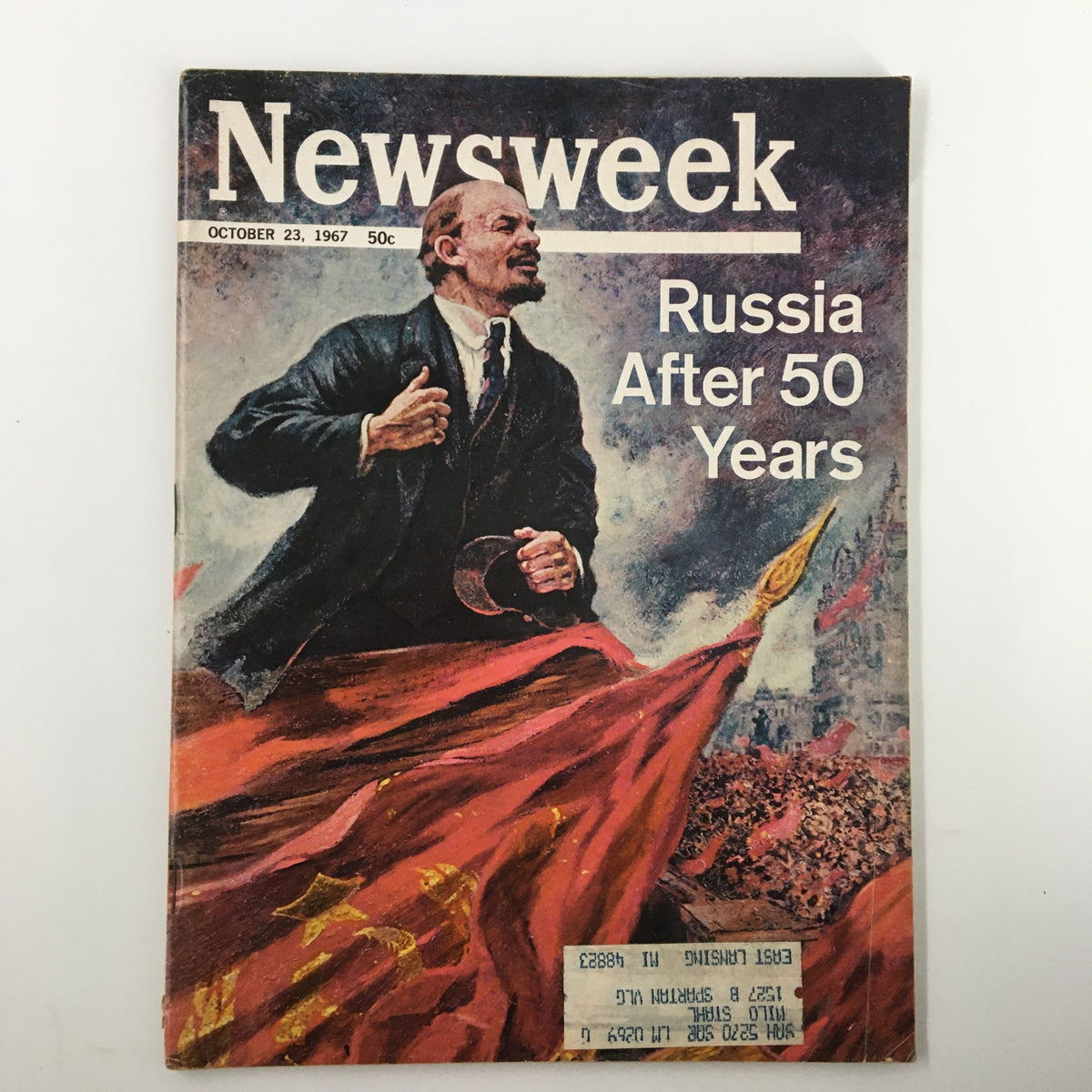 Vintage Newsweek magazine cover from October 23, 1967, titled 'Russia After 50 Years.' The cover features an illustration of a man with a serious expression amid a backdrop of Russian architecture and red flags.