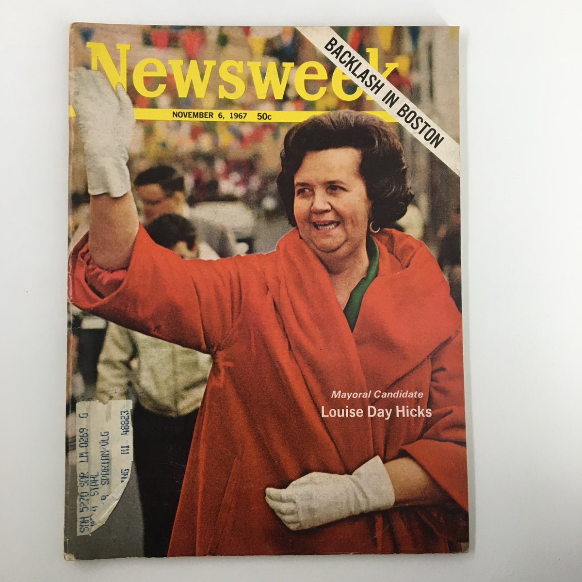 VTG Newsweek Magazine from November 6, 1967 featuring Mayoral Candidate Louise Day Hicks on the cover. The magazine showcases a vibrant image of Hicks in a red coat, waving to a crowd, highlighting her candidacy and the political climate in Boston during the late 1960s.