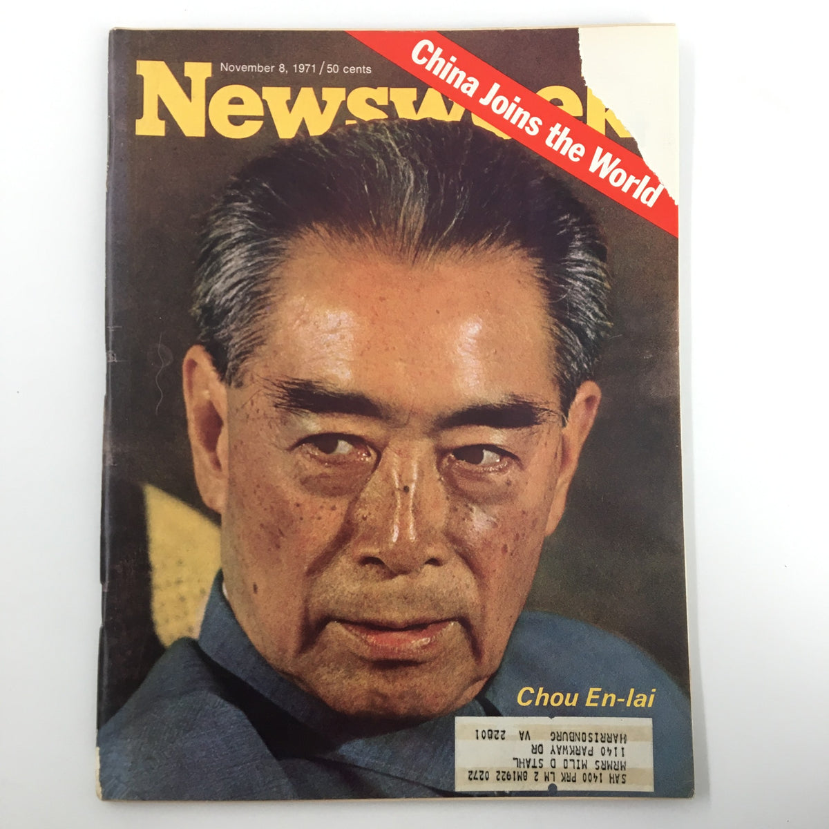 VTG Newsweek Magazine November 8 1971 featuring Chou En-Lai, showcasing a close-up of the prominent leader with a captivating expression, highlighting the magazine's historical significance.