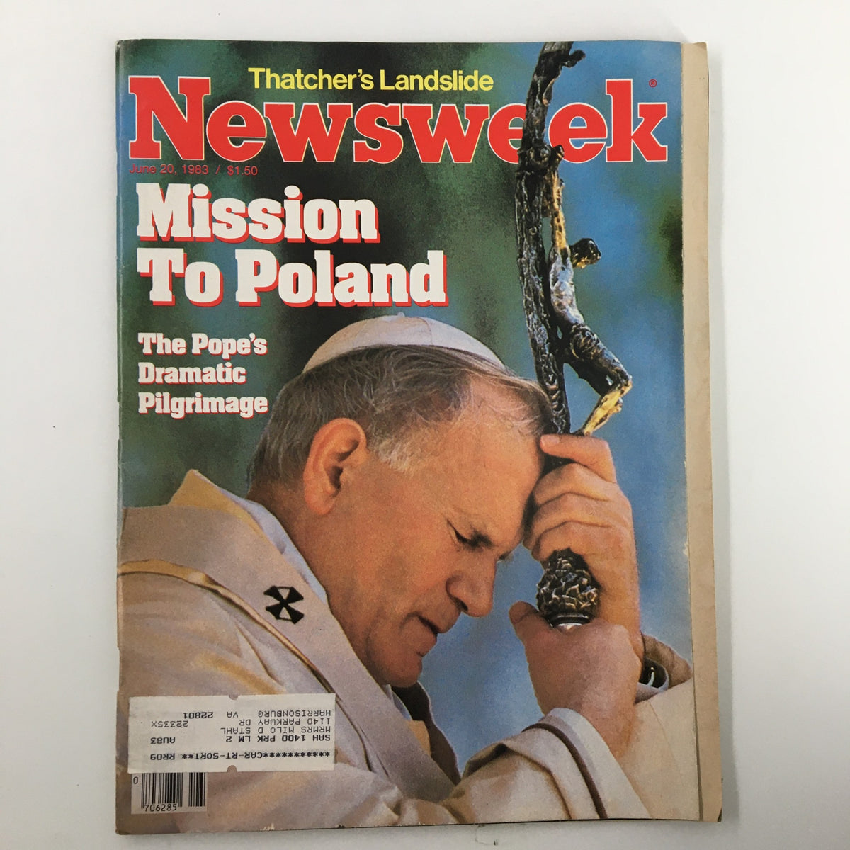 Cover of VTG Newsweek Magazine from June 20, 1983, featuring the headline 'Mission to Poland' and a photo of the Pope in prayer, highlighting his dramatic pilgrimage.