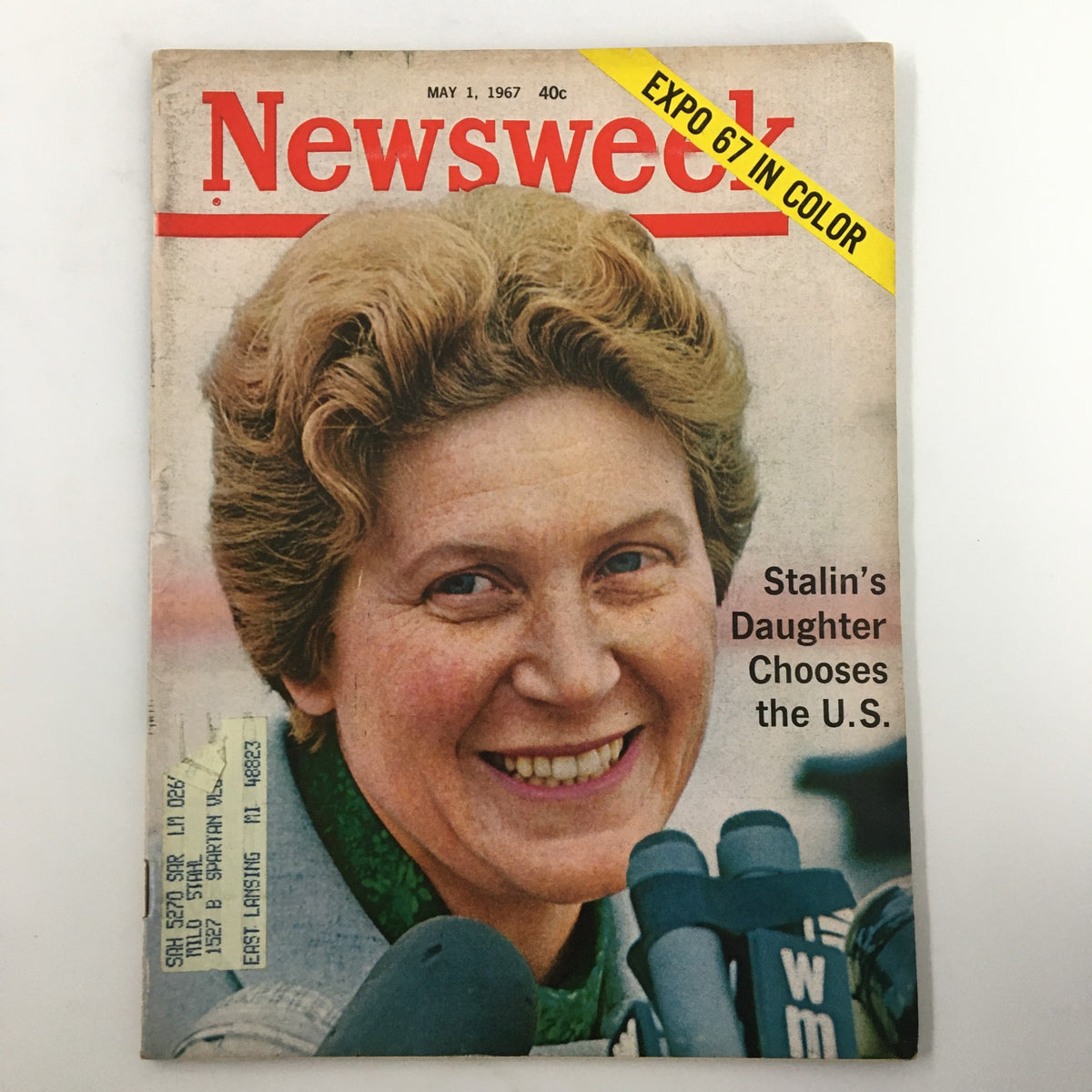 VTG Newsweek Magazine Cover from May 1, 1967 featuring the story 'Stalin's Daughter Chooses The U.S.' showcasing the magazine's vintage charm with minor wear and a price tag.