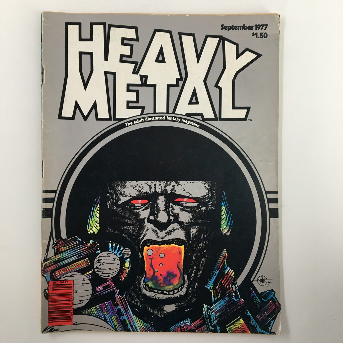 Cover of VTG Heavy Metal Magazine September 1977 featuring striking artwork and the title 'Heavy Metal'. This issue includes the iconic cover story 'The Last Vodka on Smirnov' and is a collectible item for fans of vintage magazines.