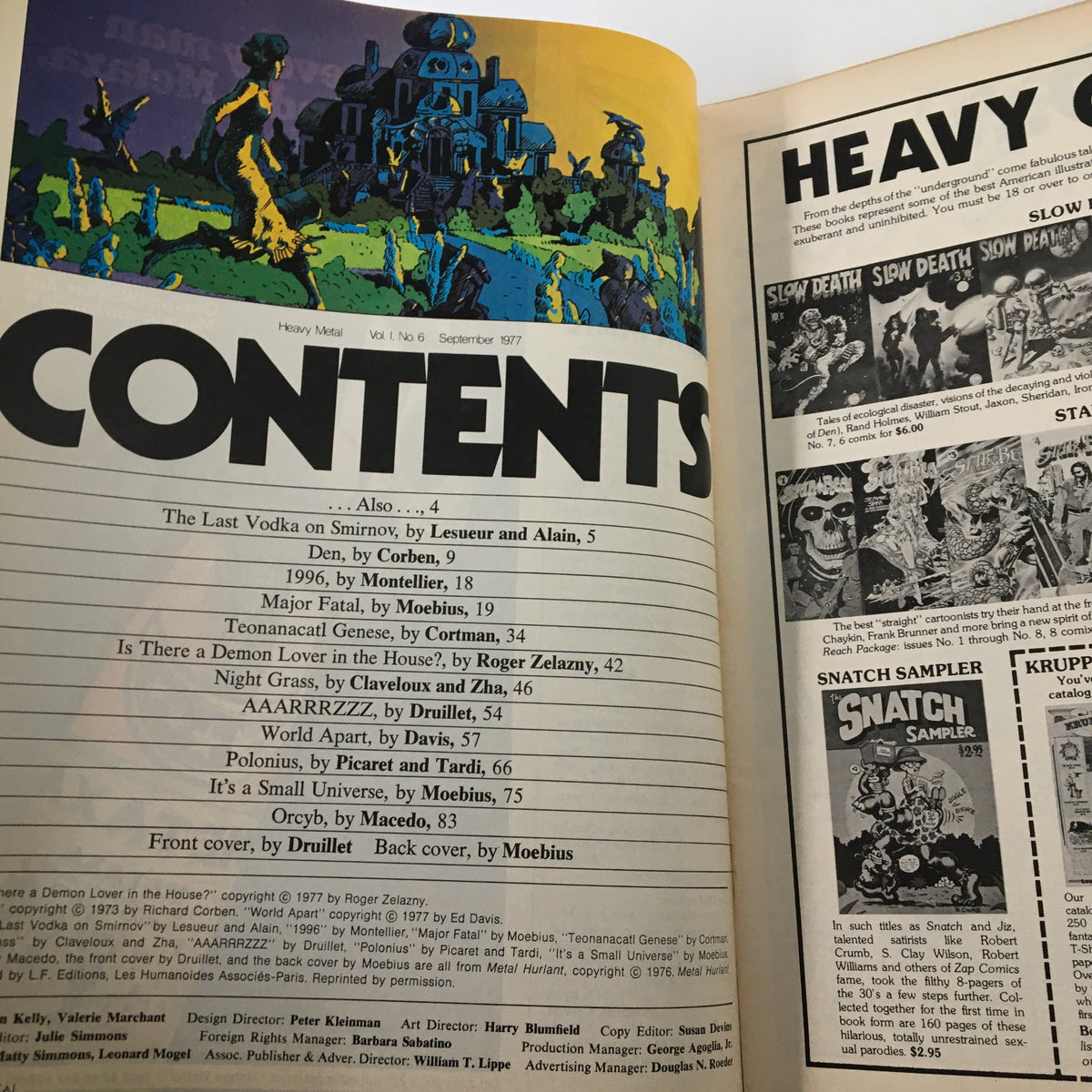 Inside page of VTG Heavy Metal Magazine from September 1977 showcasing the contents, including 'The Last Vodka on Smirnov' and other notable stories. Ideal for vintage magazine collectors.