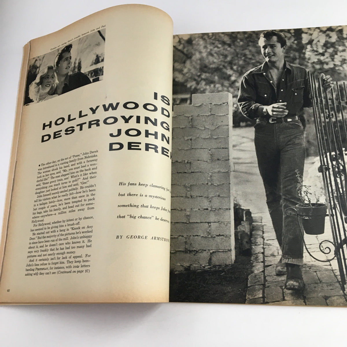 Photoplay Magazine April 1953 article discussing John Derek and his Hollywood career challenges, with accompanying black and white image.