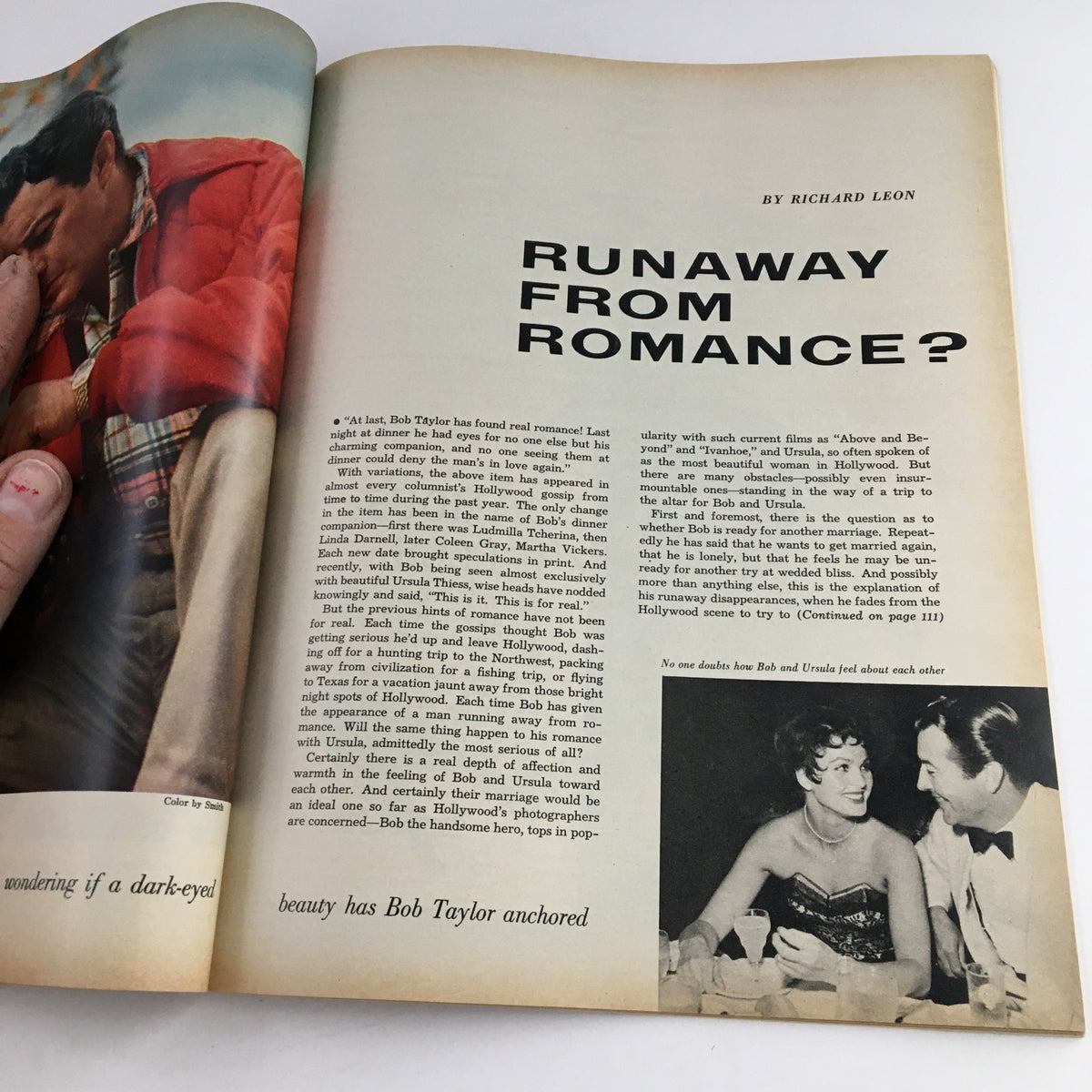 Photoplay Magazine April 1953 article titled 'Runaway From Romance?' exploring Bob Taylor's relationship speculations with images from Hollywood.