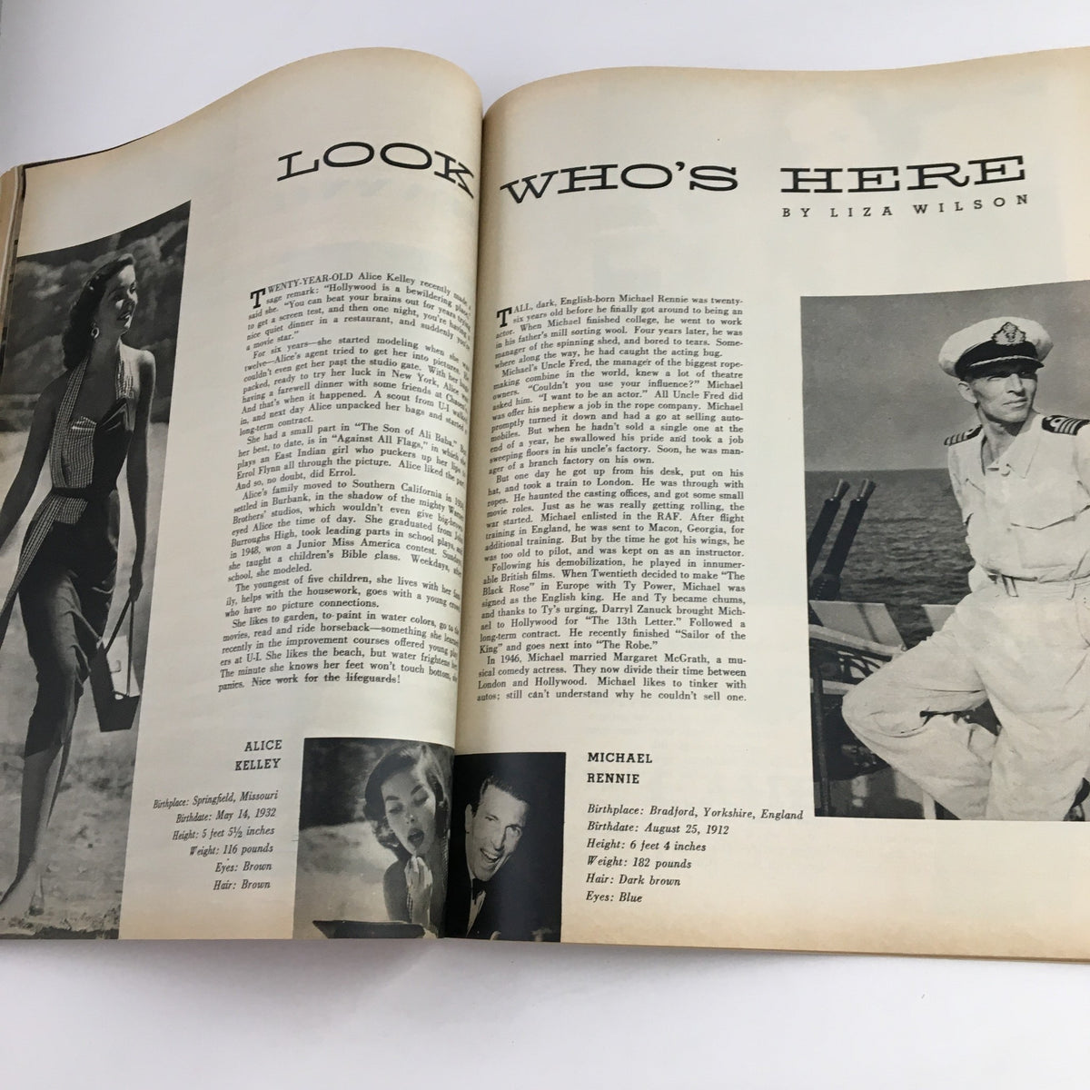 Photoplay Magazine April 1953 featuring profiles of Alice Kelley and Michael Rennie, detailing their backgrounds and careers in Hollywood.