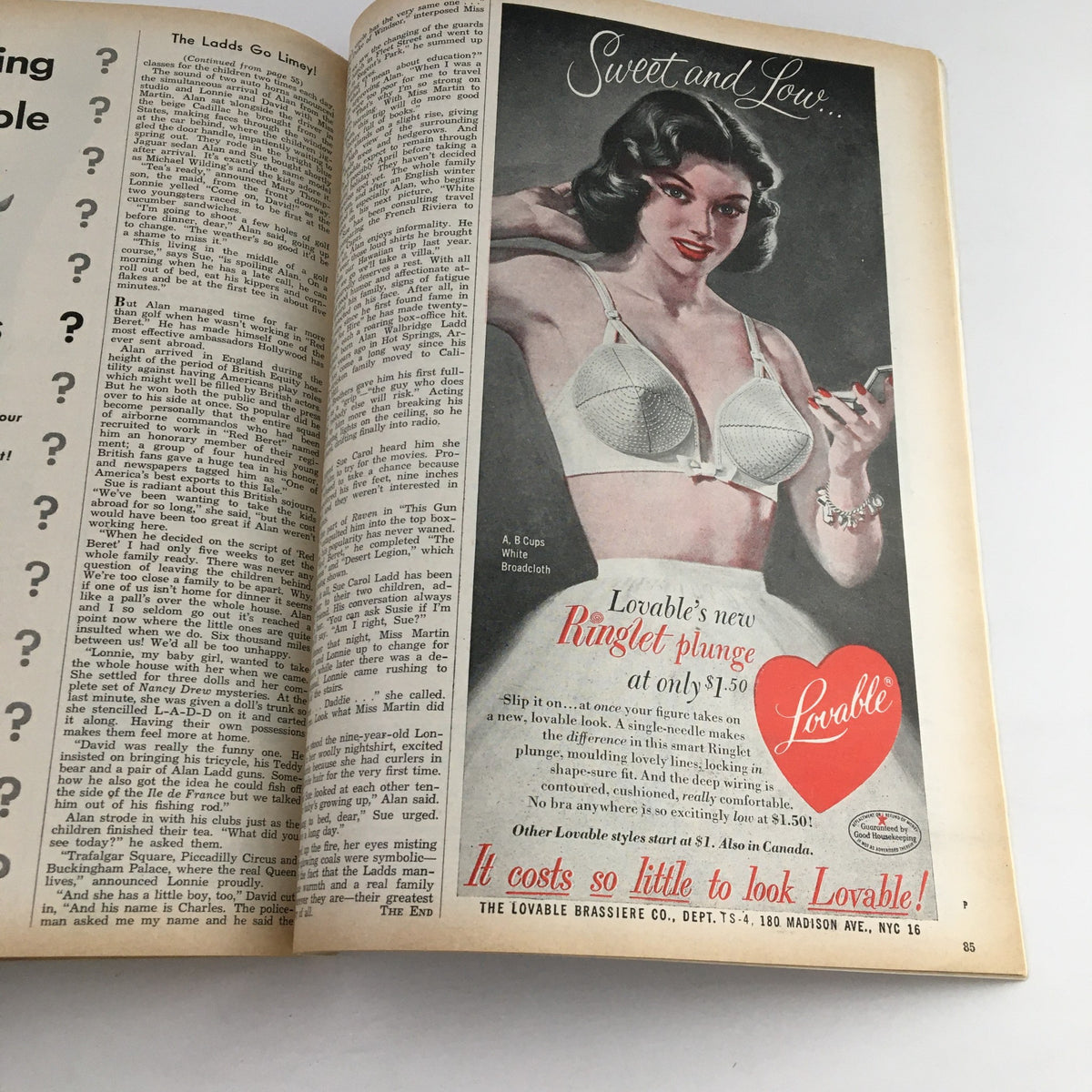 Photoplay Magazine April 1953 featuring an advertisement for Lovable's Ringlet plunge bra, showcasing a glamorous model in vintage lingerie style.