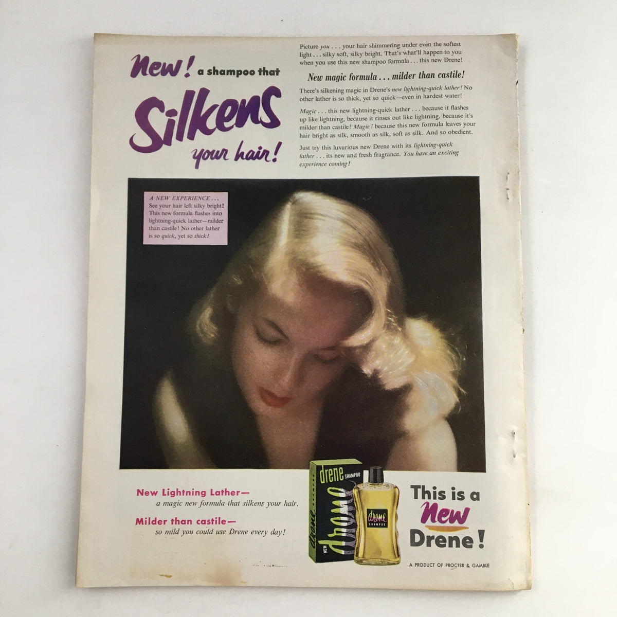 Photoplay Magazine April 1953 showcasing an advertisement for Drene shampoo, featuring a classic beauty with luxurious hair, promoting a new hair care product.