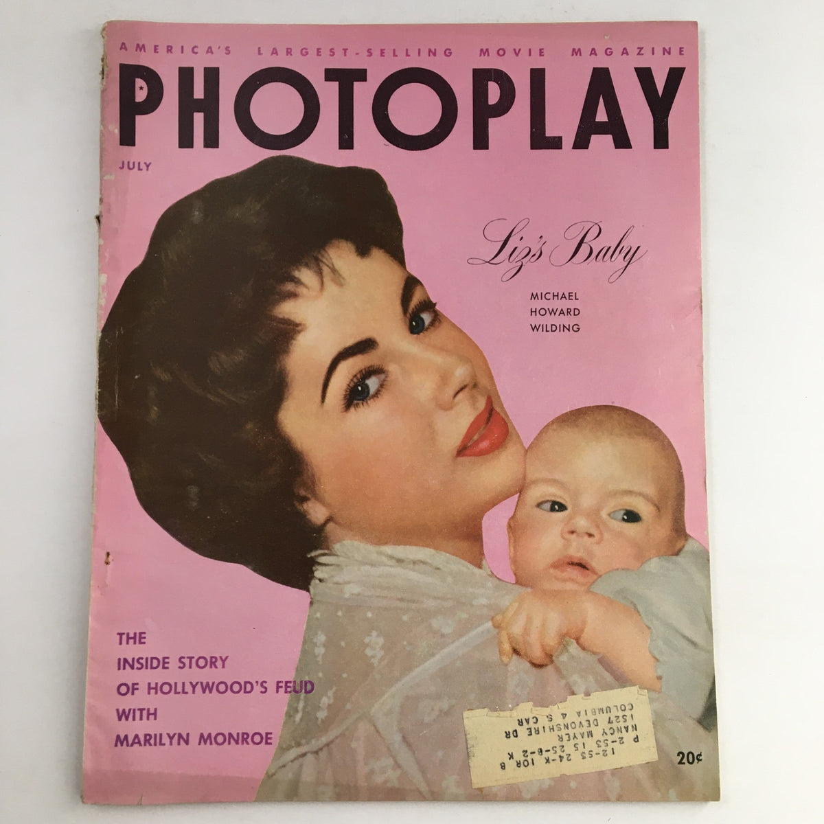 Photoplay Magazine July 1953 cover featuring Liz Taylor, Michael Howard Wilding, and Marilyn Monroe, showcasing classic Hollywood glamour.