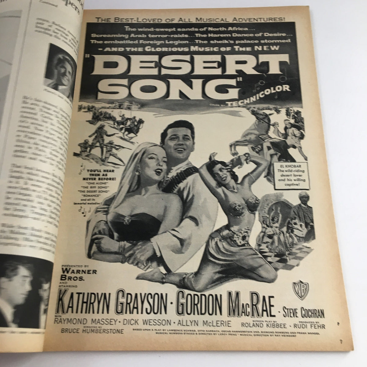 Yet another interior page from Photoplay Magazine July 1953 advertising Desert Song, showcasing classic film promotional art.