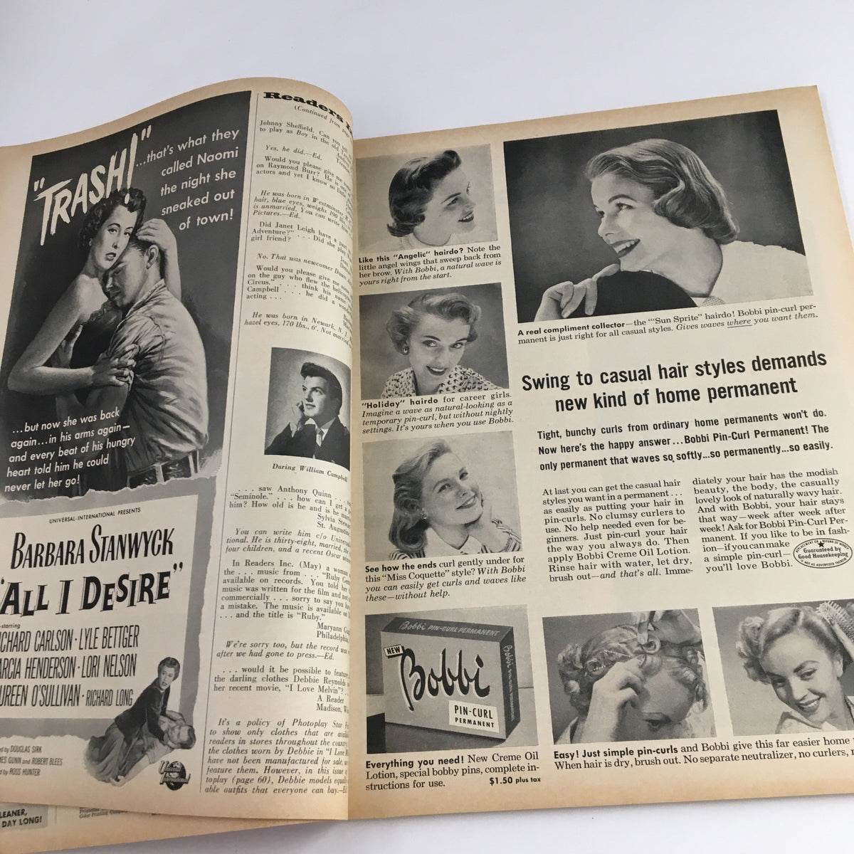 Photoplay Magazine July 1953 article featuring hairstyles, includes ads for Bobbi hair products, showcasing vintage beauty trends.