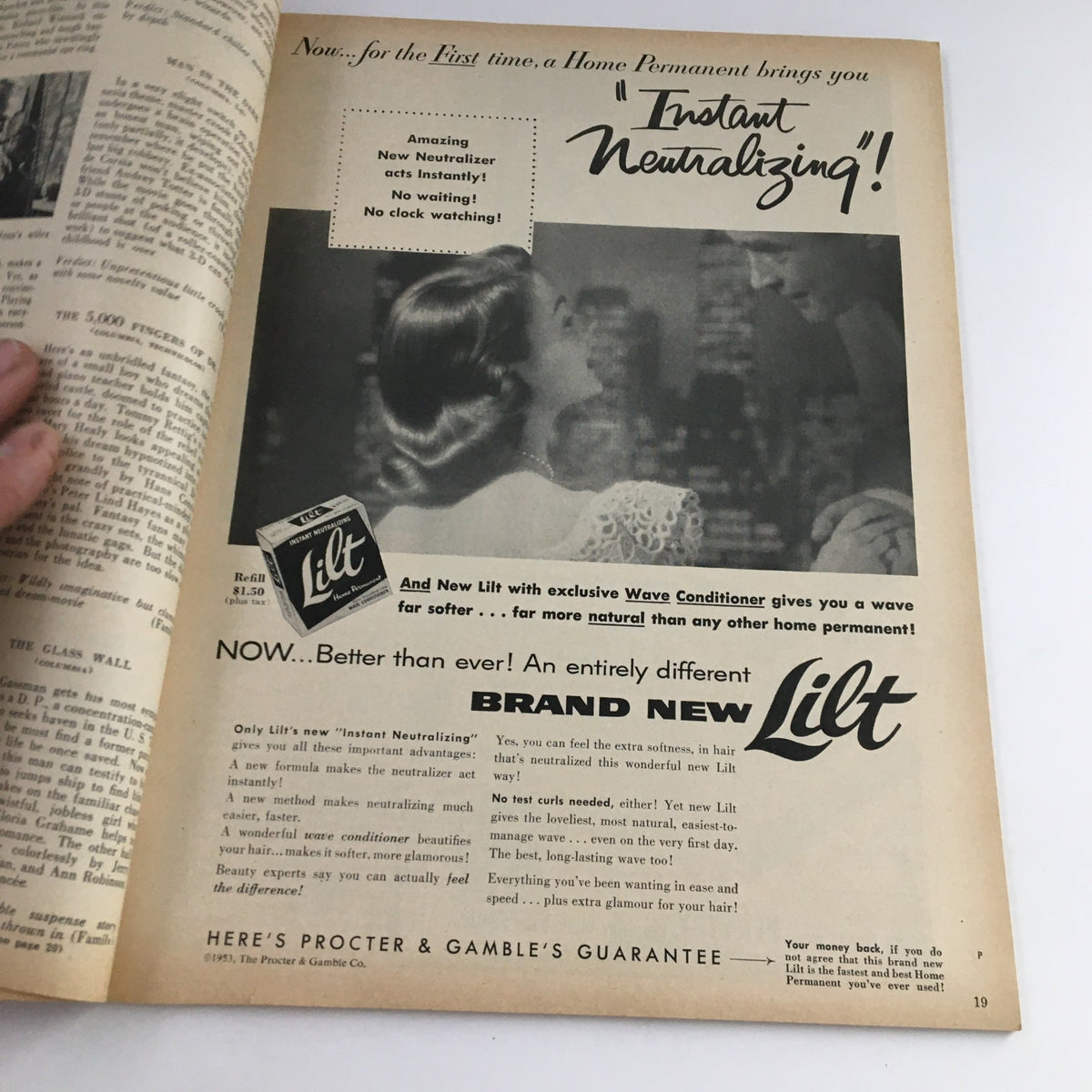 Photoplay Magazine July 1953 advertisement for Lilt home permanent, illustrating the process for achieving beautiful waves at home.