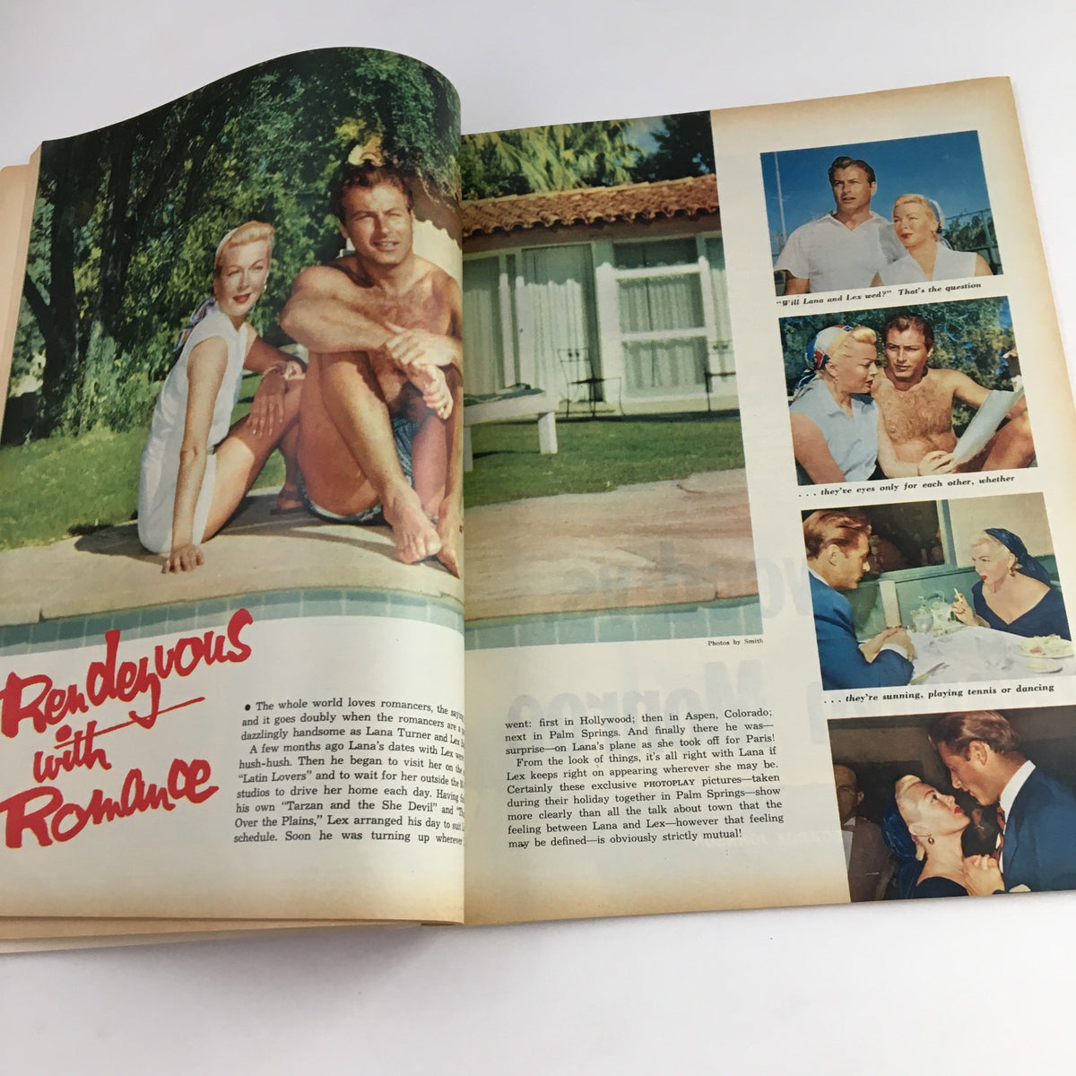 Photoplay Magazine July 1953 feature 'Rendezvous with Romance', with images capturing romantic moments of Hollywood stars.