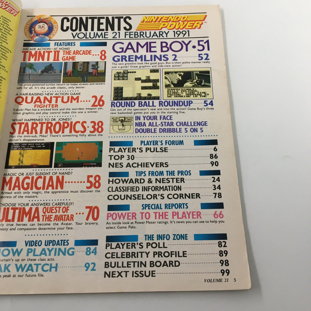 Contents page of Nintendo Power Magazine February 1991 #21 listing features about TMNT II and Star Tropics, revealing insights into retro gaming articles.