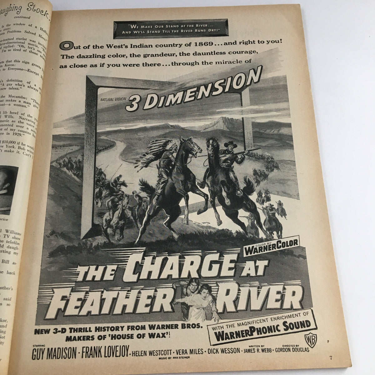 Advertisement page from Photoplay Magazine August 1953 promoting The Charge at Feather River, showcasing the 3D film experience.