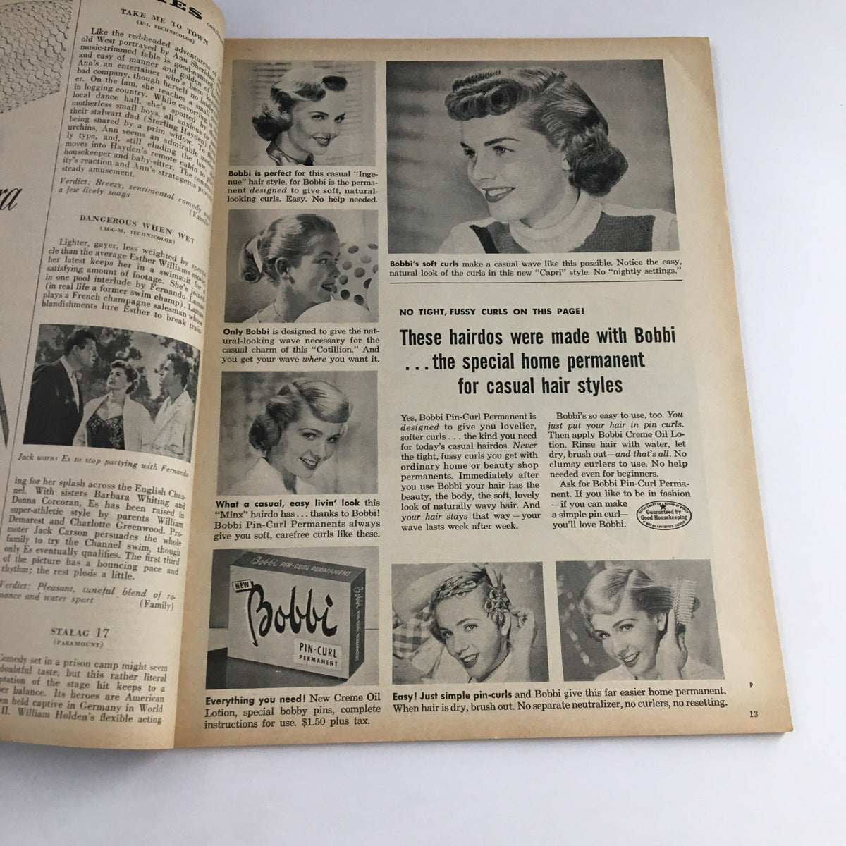 Interior spread from Photoplay Magazine August 1953 featuring an advertisement for Bobbi Pin-Curl Permanent hair products showcasing various hair styles and a model demonstrating the casual look.