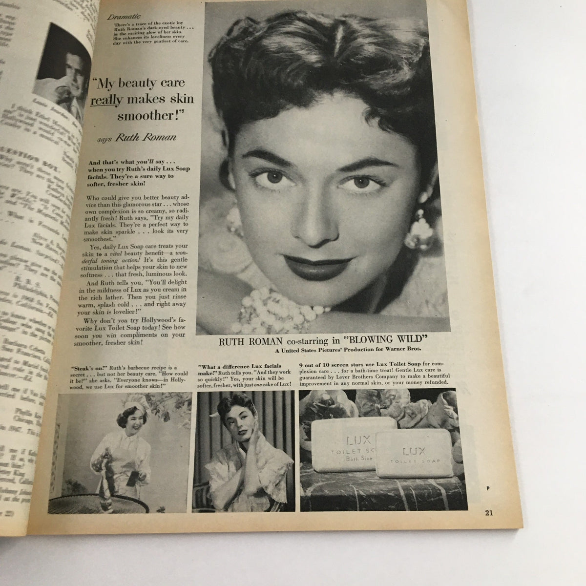 Interior spread from Photoplay Magazine August 1953 featuring Ruth Roman and an advertisement for Lux Toilet Soap promoting its beauty benefits.