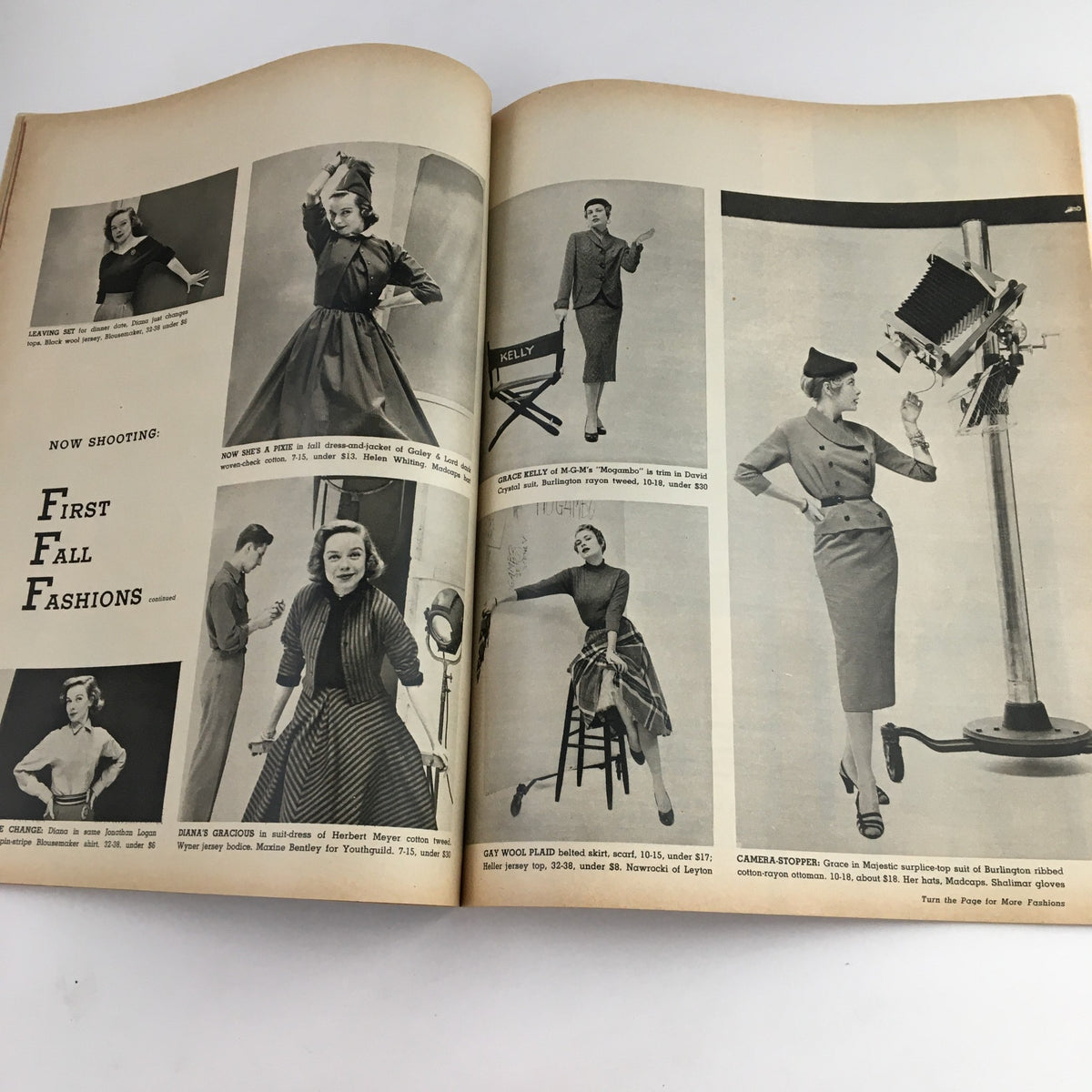 Interior spread from Photoplay Magazine August 1953 showcasing first fall fashions featuring various models in stylish outfits and attire.