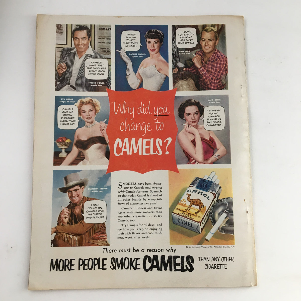 Vintage advertisement page featuring various celebrities promoting Camel cigarettes, titled 'Why did you change to CAMELS?'. Highlights actors sharing their experiences with Camel brand, showcasing the magazine cover of Photoplay Magazine August 1953.