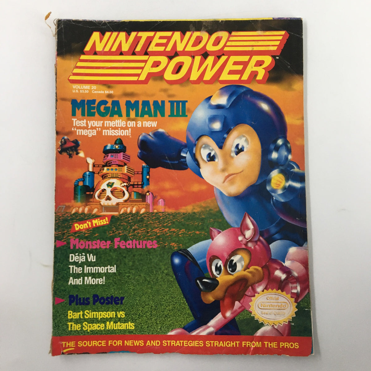 Cover of Nintendo Power Magazine January 1991, Issue #20 featuring Mega Man III, showcasing vibrant colors and characters including Mega Man and a pink creature.