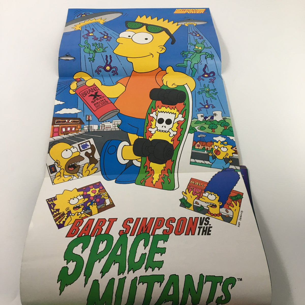 Mega Man III poster included in Nintendo Power Magazine January 1991 Issue #20 featuring Bart Simpson character from The Simpsons skateboarding with vibrant graphics.