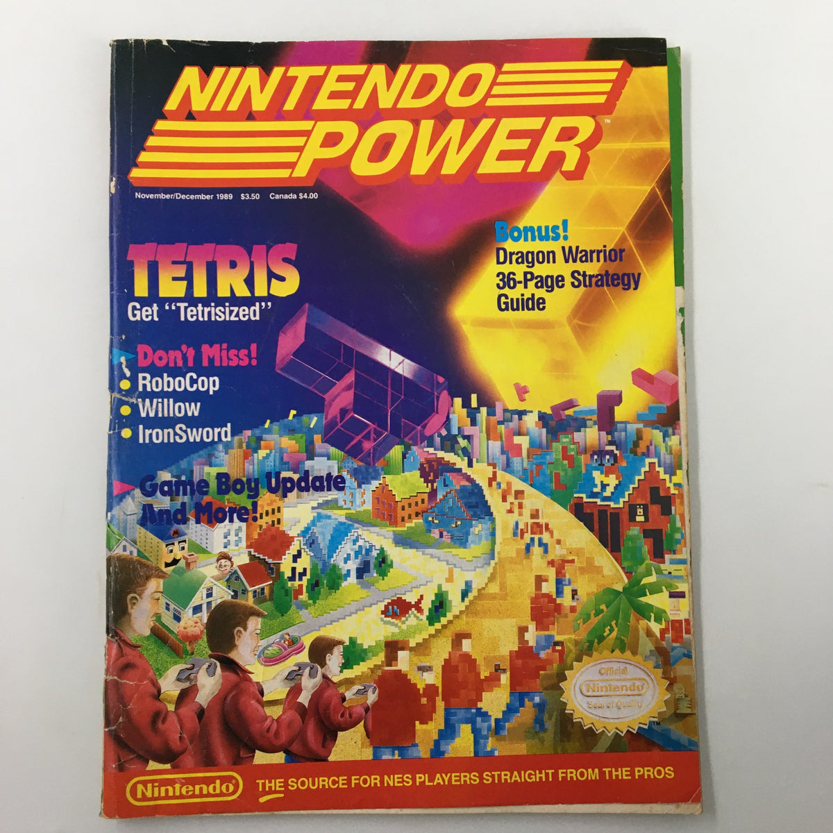 Cover of Nintendo Power Magazine November 1989 featuring Tetris titled 'Get Tetrisized' with colorful graphics and promotional highlights including a Dragon Warrior strategy guide.