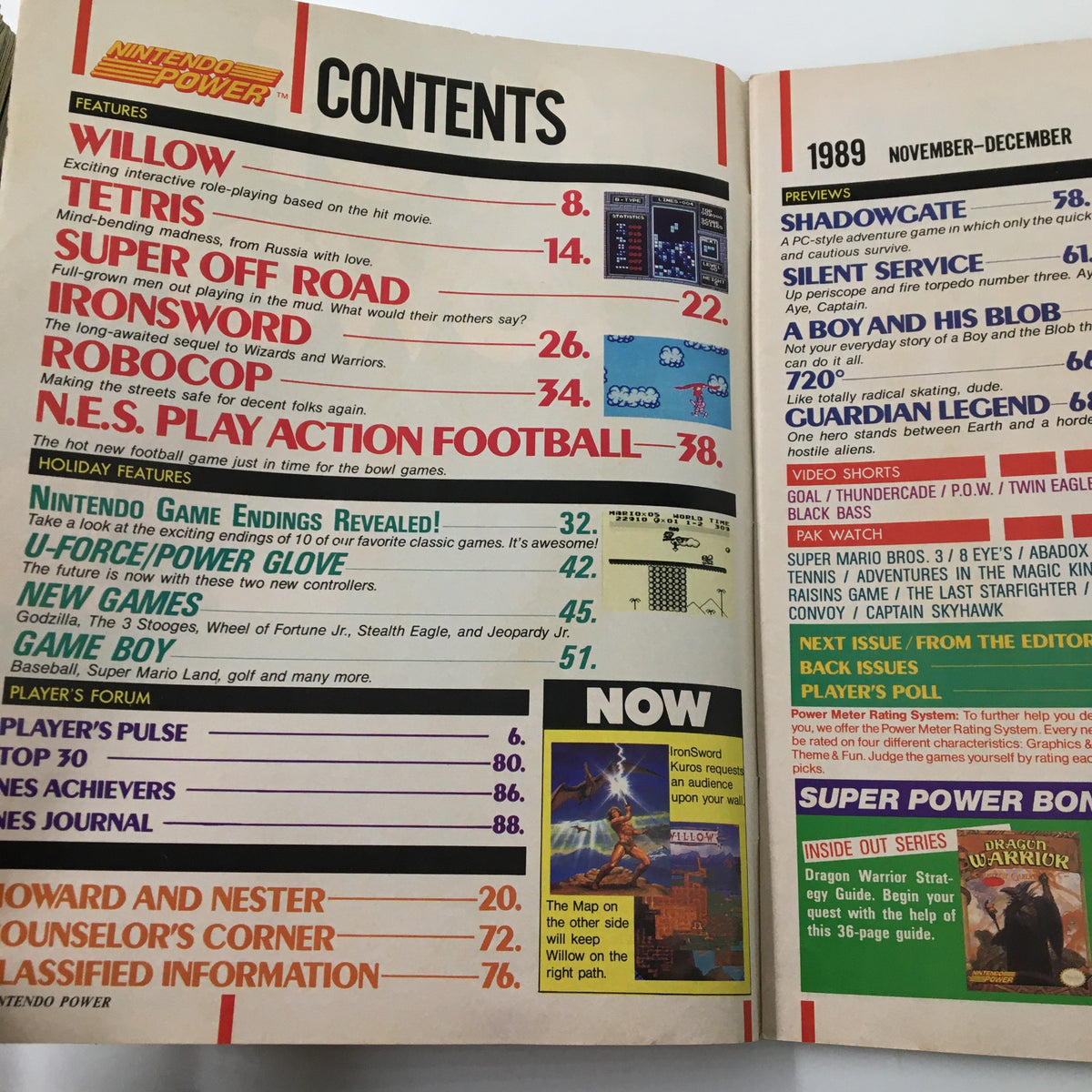 Contents page of Nintendo Power Magazine November 1989, featuring listings for articles including Tetris and additional gaming features.