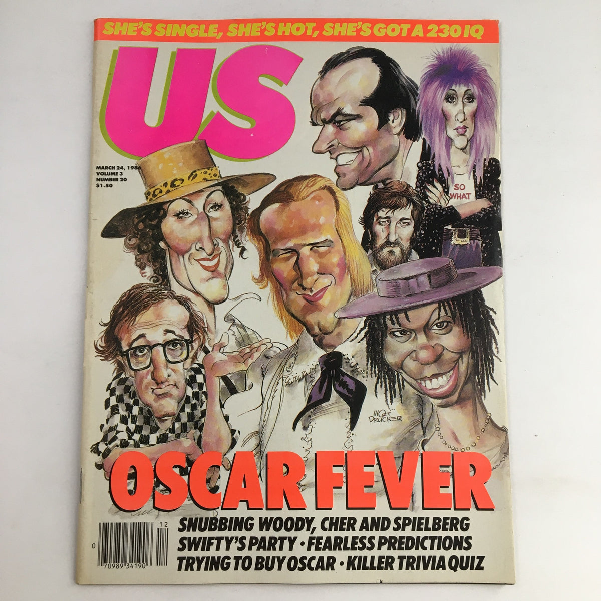 US Magazine cover from March 24, 1986 featuring a caricature illustration, headline 'Oscar Fever', and stories about snubbing Woody, Cher, and Spielberg.