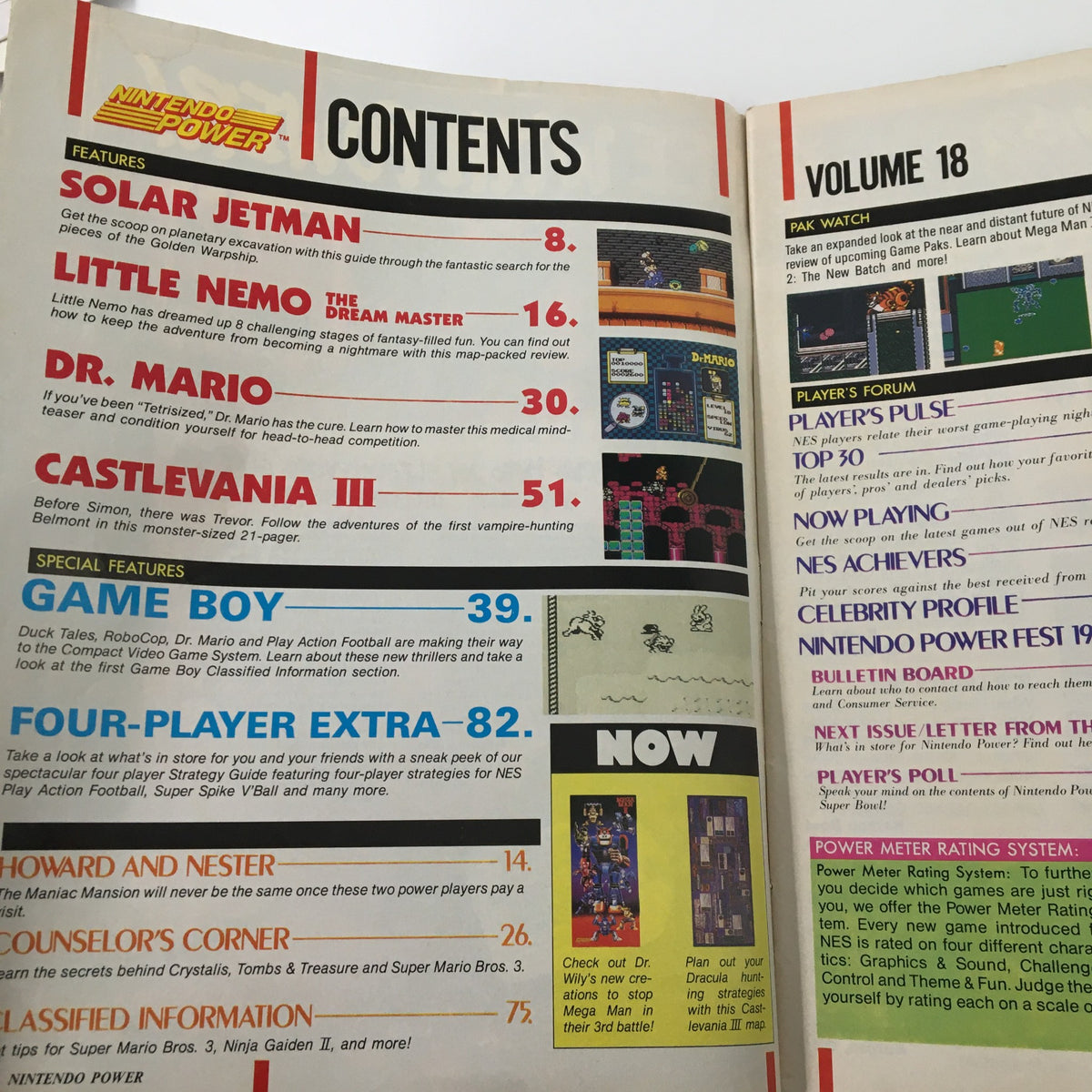 Open page of Nintendo Power Magazine November 1990 #18 displaying contents including Dr. Mario, Solar Jetman, and Little Nemo features.