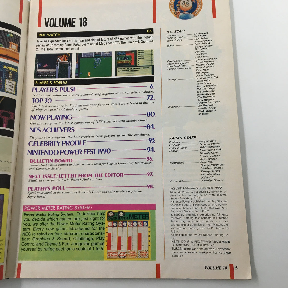Second page of Nintendo Power Magazine November 1990 #18 featuring additional content details such as player's forum and power meter rating system.