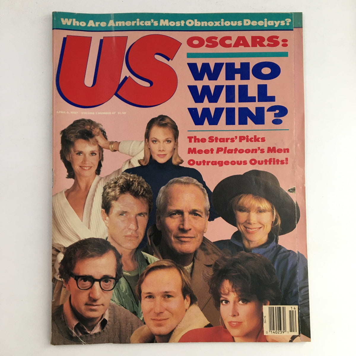 US Magazine April 6, 1987, featuring the headline 'Oscars: Who Will Win?' with a collage of celebrities including Woody Allen and Paul Newman. The issue also covers 'The Stars' Picks Meet Platoon's Men' and showcases outrageous outfits. This collectible magazine is a perfect addition for pop culture enthusiasts.