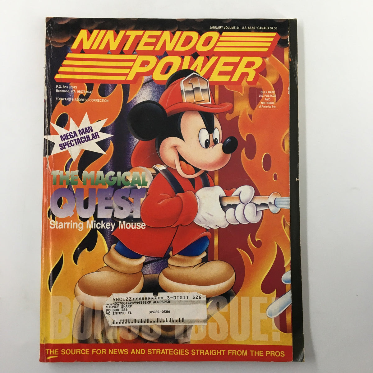 Nintendo Power Magazine January 1993 #44 featuring The Magical Quest starring Mickey Mouse on the cover, exhibiting vibrant colors and artwork with a protective address label.