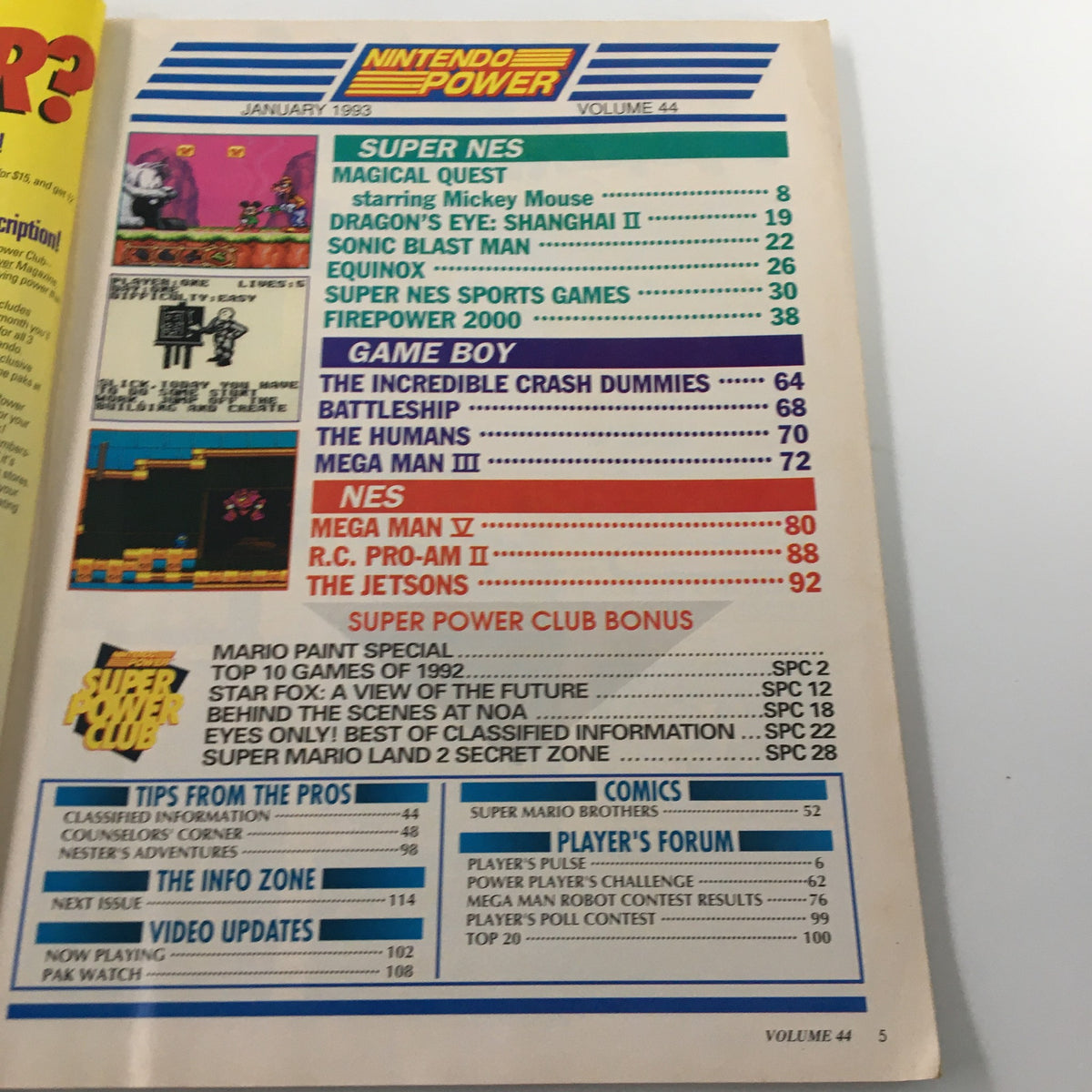 Page inside Nintendo Power Magazine January 1993 #44, displaying the table of contents that includes game features and articles related to The Magical Quest starring Mickey Mouse.