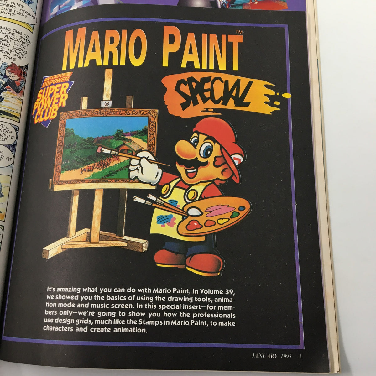 Page from Nintendo Power Magazine January 1993 showcasing Mario Paint, part of the Super Power Club series, illustrating Mario with painting tools.