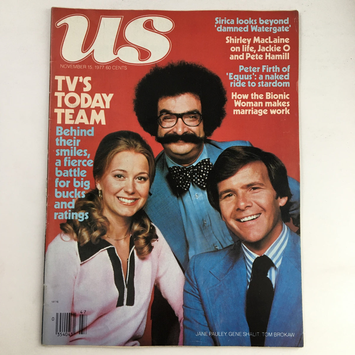 US Magazine cover from November 15, 1977 featuring Jane Pauley, Gene Shalit, and Tom Brokaw. The cover highlights the article 'TV's Today Team' and discusses the battle for ratings and revenue in television.