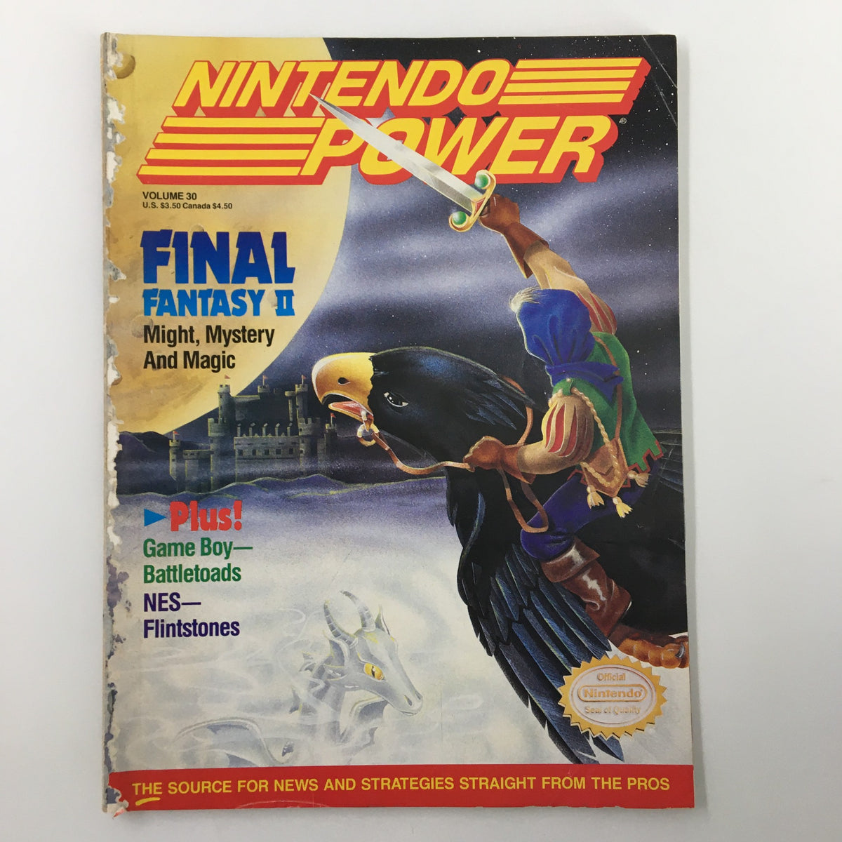 Cover of Nintendo Power Magazine November 1991 #30 featuring Final Fantasy II, with a fantasy illustration of a character holding a sword and riding a giant bird, along with mentions of Game Boy, Battletoads, and NES titles.