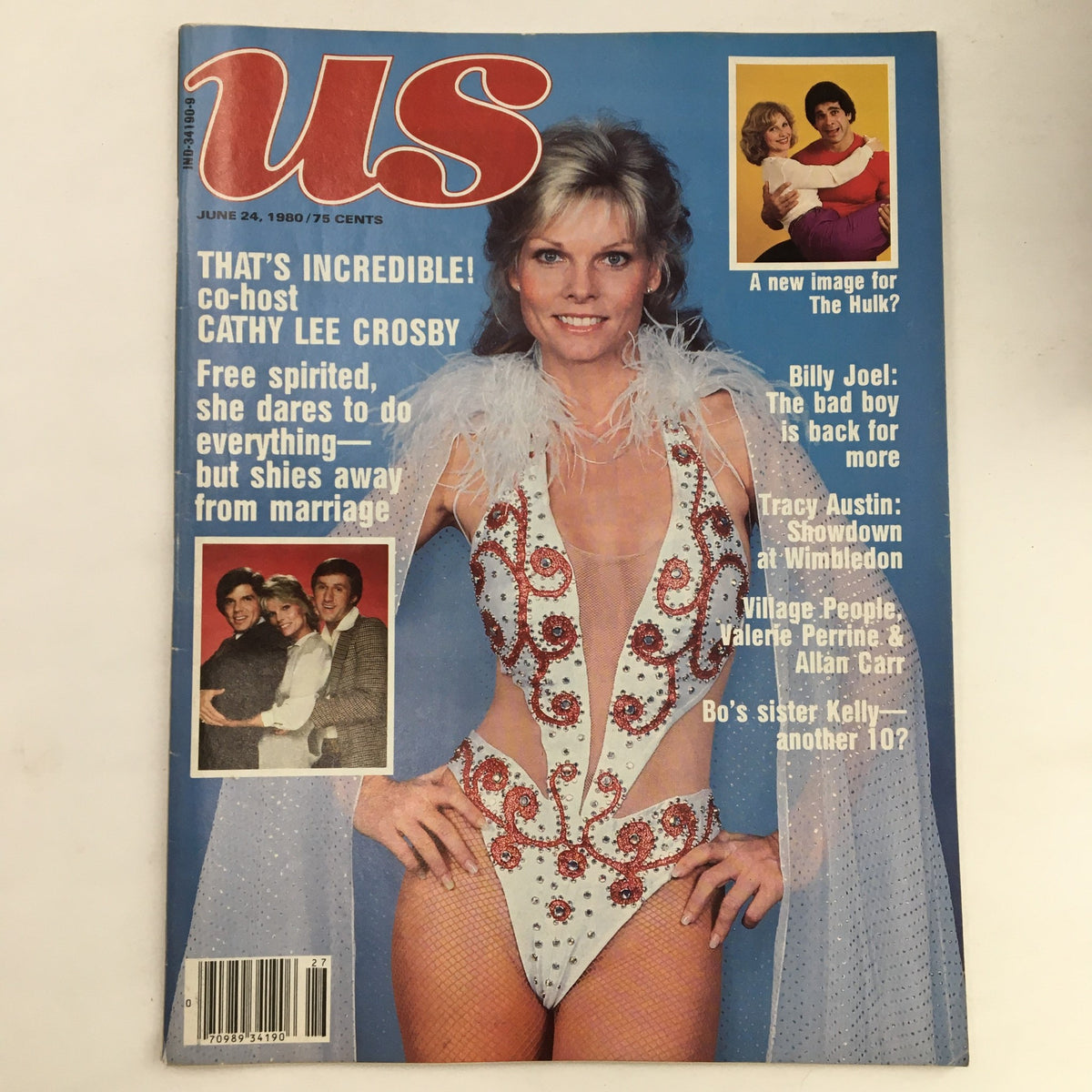 US Magazine June 24 1980 featuring Cathy Lee Crosby on the cover in a daring outfit, highlighting articles about Billy Joel, Tracy Austin, and more. A vintage magazine collectible for fans of pop culture.
