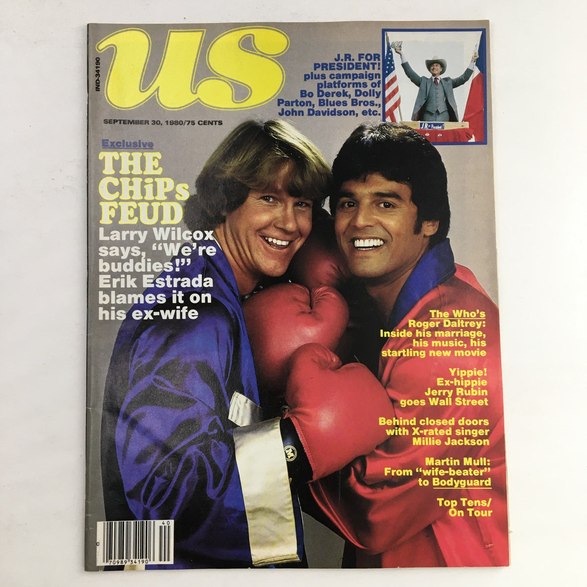 US Magazine cover from September 30, 1980 featuring the headline 'The Chips Feud' with Larry Wilcox and Erik Estrada posing together in boxing gloves. The cover also includes references to various articles such as J.R. for President, Roger Daltrey's music, and more.