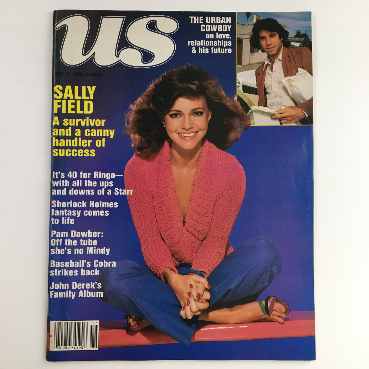 Cover of US Magazine dated June 10, 1980 featuring Sally Field, John Travolta, and Pam Dawber. Highlights include articles on the Urban Cowboy, relationships, and celebrity news.