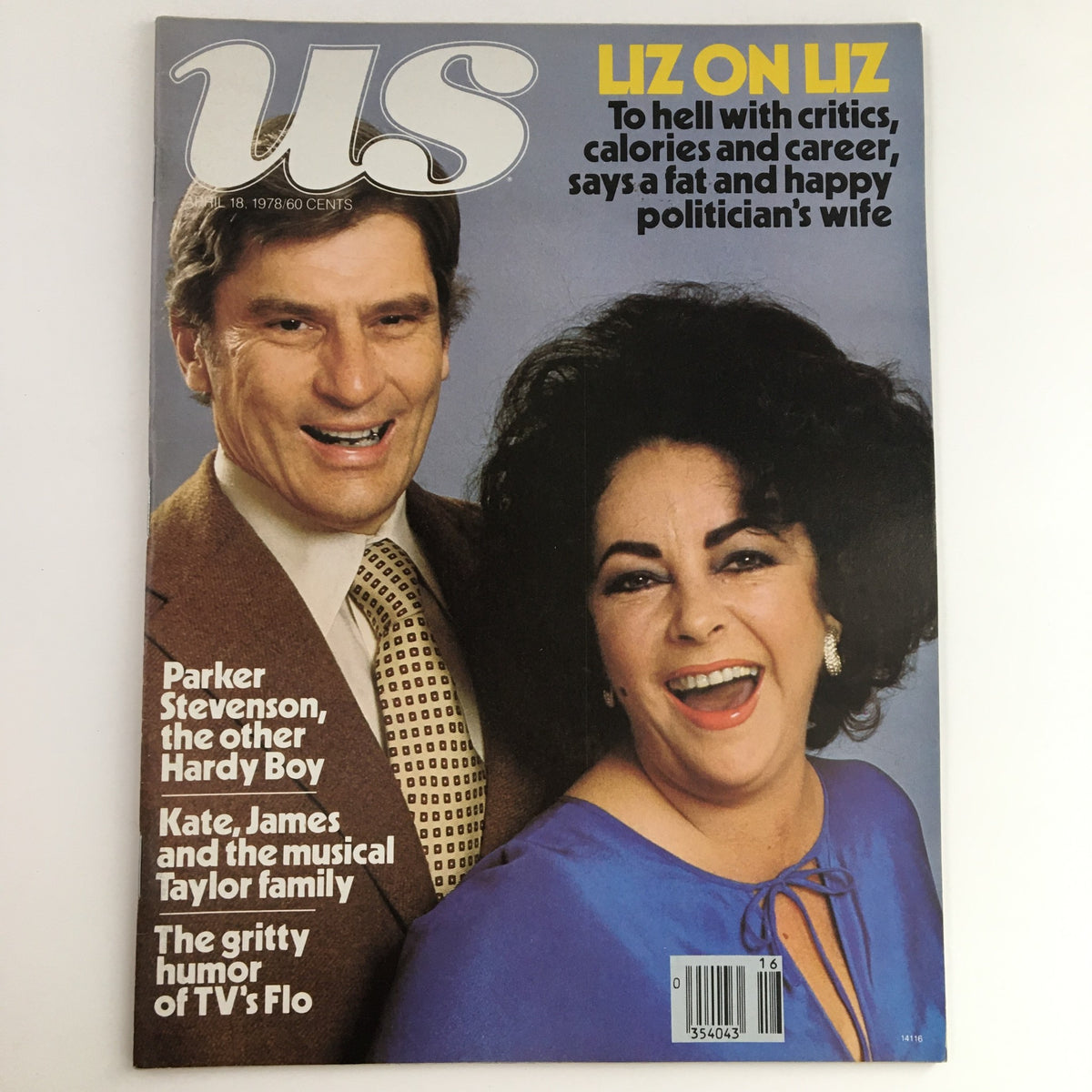 US Magazine April 18 1978 featuring Parker Stevenson and Elizabeth Taylor with the headline 'Liz on Liz'. The cover highlights articles about Parker Stevenson, the other Hardy Boy, and Kate, James, and the musical Taylor family. The magazine is in good vintage condition.