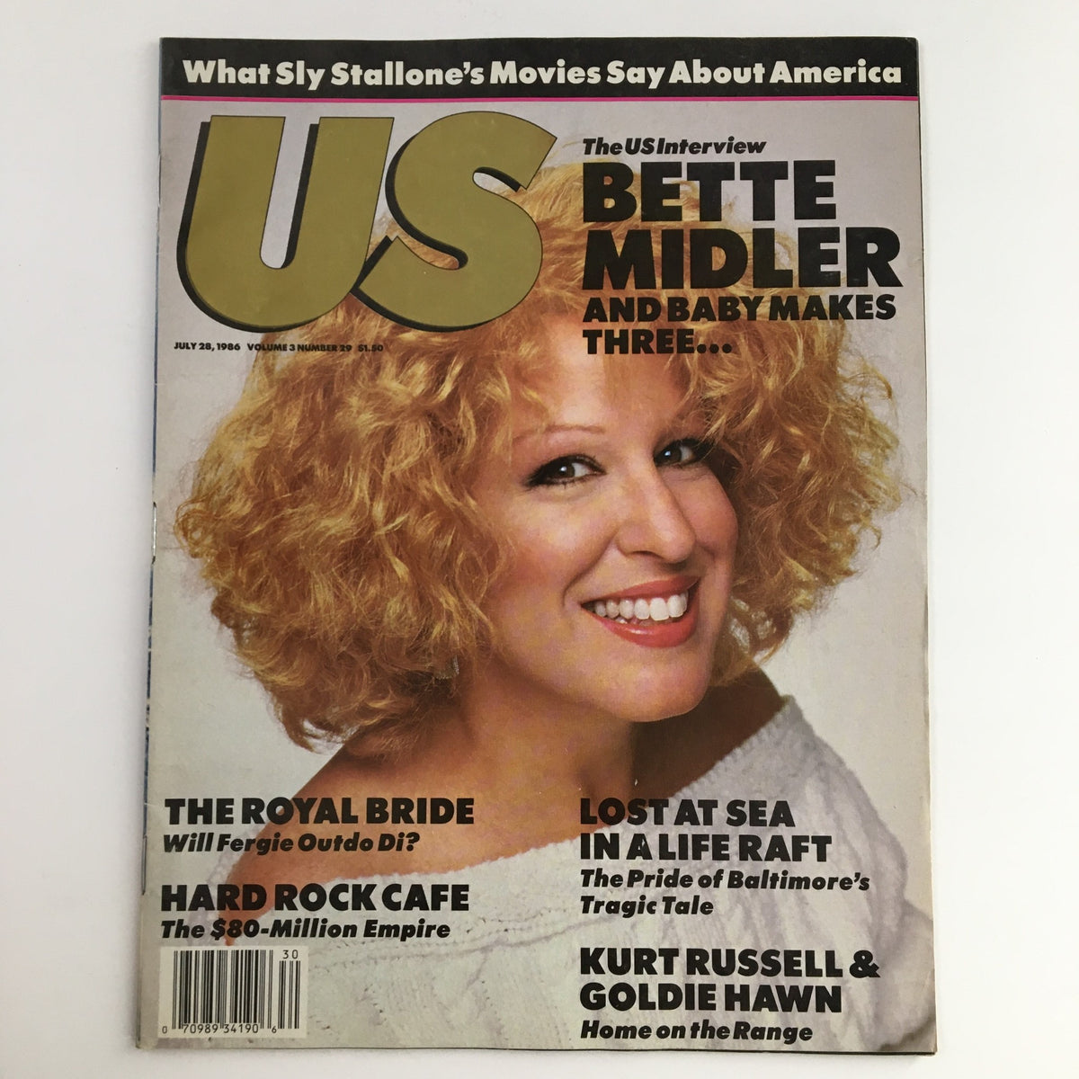 Cover of US Magazine July 28, 1986 featuring Bette Midler, Kurt Russell, and Goldie Hawn, highlighting notable articles and vibrant design.