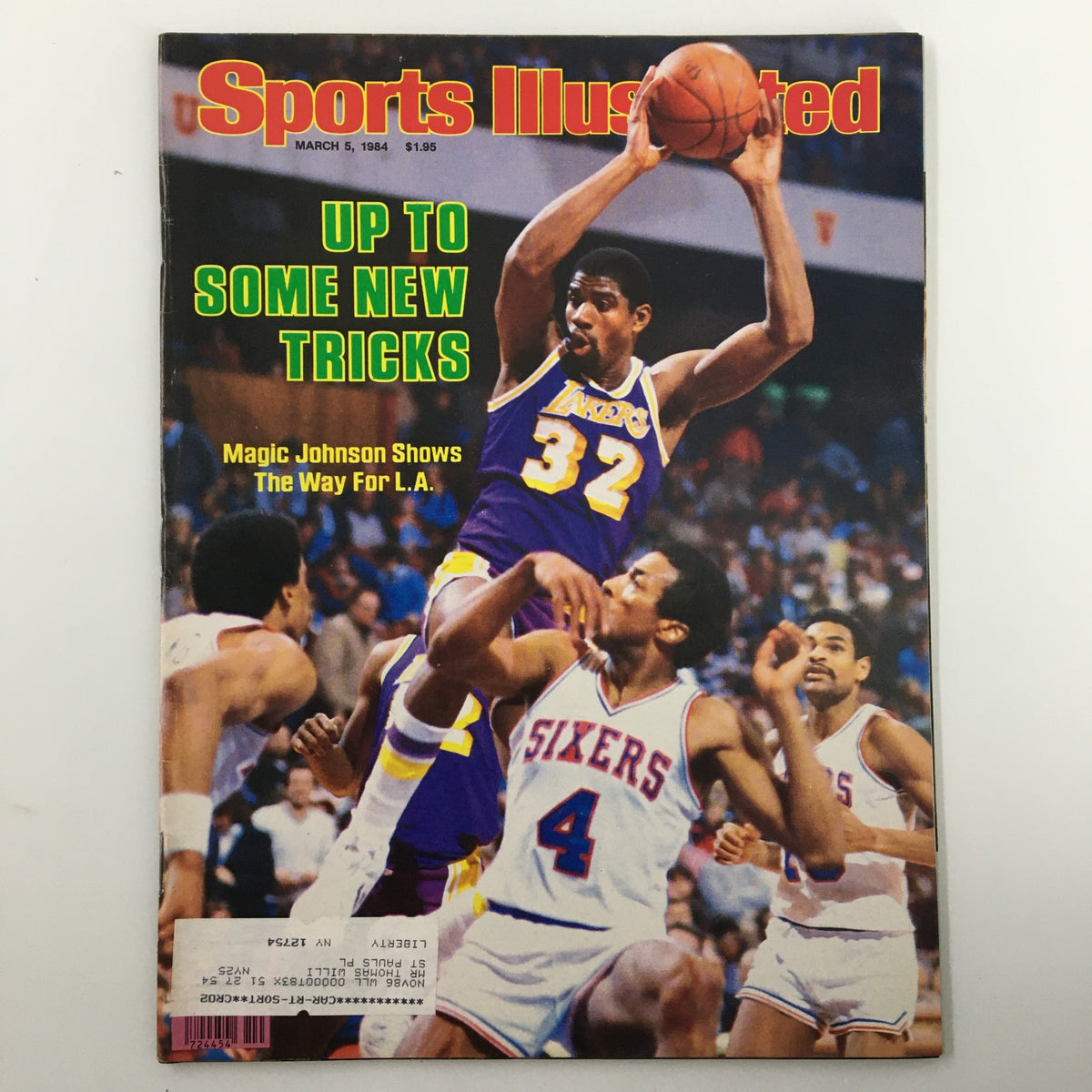 VTG Sports Illustrated Magazine March 5 1984 featuring Magic Johnson on the cover. The magazine showcases his performance with the Los Angeles Lakers, highlighting the excitement of early '80s NBA basketball.