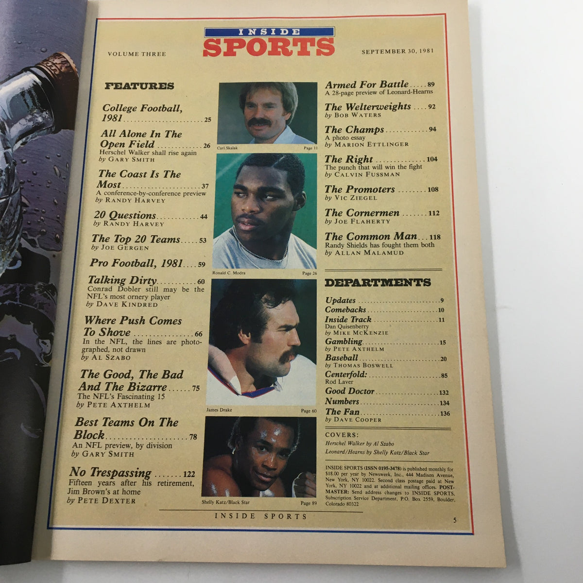Table of contents page from Inside Sports Magazine, September 10, 1981, highlighting various articles including features on college football and prominent athletes.
