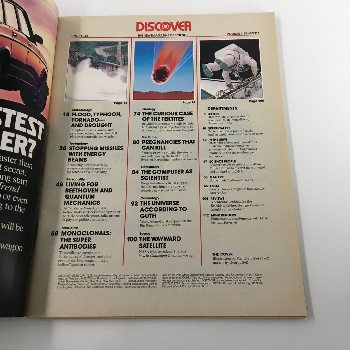 Interior page of Discover Magazine June 1983 showcasing the table of contents, listing articles including 'Flood, Typhoon, Tornado, and Drought' and 'The Universe According to Guth'.